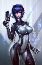 1girls blue_hair bodysuit female female_only firearm ghost_in_the_shell gun handgun human kusanagi_motoko pale_skin short_hair solo standing weapon zeronis