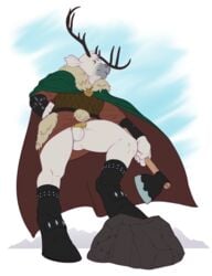 anthro antlers axe balls cervine chastity clothed clothing comfycushion flaccid horn low-angle_view male male_only mammal melee_weapon penis reindeer solo standing thick_thighs weapon