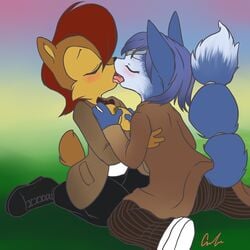 anthro blue_fur blue_hair blush breast_grab breasts breasts_out brown_nipples canine closed_eyes cosplay crossover doctor_who duo eleventh_doctor eleventh_doctor_(cosplay) female fox french_kissing fur groping_breasts hair keishinkae kissing krystal mammal nintendo nipples sally_acorn sonic_(series) star_fox tenth_doctor tenth_doctor_(cosplay) video_games white_fur yuri