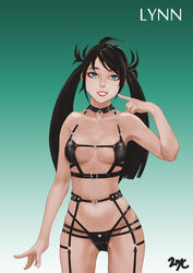 21yc black_hair blue_eyes cleavage female lingerie lynn_(vindictus) panties smile solo standing tied_hair twintails vindictus