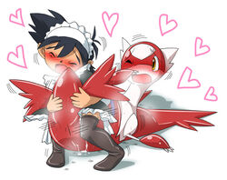 1boy 1girls androgynous ash_ketchum black_hair blush canon_crossdressing closed_eyes clothing crossdressing cum cum_on_body dripping duo female femboy femboy_on_female feral girly hair heart human human_on_feral interspecies latias legwear lying maid_uniform male male/female mammal nintendo on_back one_eye_closed open_mouth pasaran penetration pokemon pokemon_(species) pokephilia satoshi_(pokemon) shaking simple_background straight sweat thigh_highs trap video_games yellow_eyes zoophilia めれんげ_(artist)