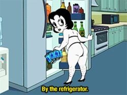 1girls animated ass bbw bikini clothing dialogue drawn_together english_text female female_leg_hair female_only gif hairy_legs human pale_skin refrigerator screencap solo subtitled toot_braunstein underwear