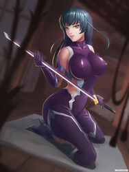 black_hair blue_eyes bodysuit breasts erect_nipples female gloves kneeling large_breasts long_hair solo sword taimanin_asagi tentank weapon