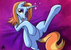 2015 caliginousmane equine eyeshadow female friendship_is_magic furry furry_only horn looking_at_viewer lying makeup mammal my_little_pony non-anthro on_back pussy sassy_saddles smile solo spread_legs spreading tail_dock tongue tongue_out unicorn