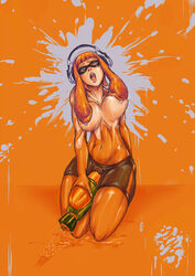 1girls anthro big_breasts breasts cephalopod cephalopod_humanoid faymantra headphones humanoid inkling inkling_girl kaori_(splatoon) kneeling lactation large_breasts mask mask_(marking) masturbation masturbation_through_clothing milk navel nintendo nipple_suck open_mouth orange_eyes orange_hair orange_theme pointy_ears pussy_juice rubbing saliva shorts solo solo_female splatoon splattershot squid straight_hair tentacle tentacle_hair