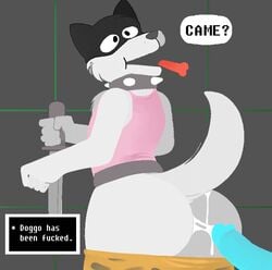 2010s 2015 animated anthro ass big_butt blue_penis canid canine clothing collar cum cum_in_ass cum_inside derp dialogue disembodied_penis dog_treat doggo_(undertale) ectopenis english_text frown fur furry gay gif looking_at_viewer looking_back male male/male male_only melee_weapon meta_request open_mouth penis pkaocko sans sans_penis solo_focus speech_bubble spiked_collar sword text undertale undertale_(series) weapon white_fur yaoi