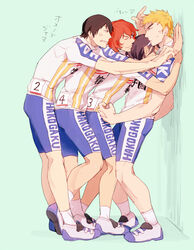 4boys against_wall anger_vein bike_shorts black_hair blonde_hair fukutomi_juichi hairband imaizumi_shunsuke jersey male_only multiple_boys red_hair shinkai_hayato short_hair sweat tagme toudou_jinpachi uniform yowamushi_pedal