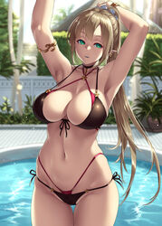 bikini blonde_hair breasts clothes day earrings elf female female_only front_view green_eyes houtengeki large_breasts long_hair navel outdoors pointy_ears ponytail pool skimpy_clothes solo standing swimming_pool tied_hair water