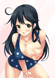 bare_shoulders black_hair blue_swimsuit blush breast_slip breasts brown_eyes deep_skin female grabbing_own_breast hoshizuki_(seigetsu) kantai_collection large_breasts long_hair looking_at_viewer nipples one-piece_swimsuit one_breast_out polka_dot polka_dot_swimsuit solo swimsuit thighs ushio_(kantai_collection)