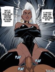 1boy 1girls african african_female black_female black_panther_(marvel) black_panther_(series) canon_couple choker couple cowgirl_position dark-skinned_female dark-skinned_male dark_skin dominant_female earrings english_dialogue english_text female female_on_top hi_res lightning lightning_bolt lingeriejumpsuit long_hair male marvel marvel_comics marvel_rivals ororo_munroe penetration pixiqueenie reverse_cowgirl_position sex speech_bubble storm_(marvel_rivals) storm_(x-men) t'challa text white_eyes white_hair x-men