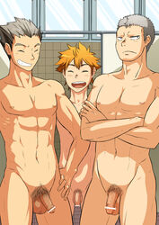 3boys aone_takanobu background bar_censor beige_penis beige_skin bokuto_koutarou censored color haikyuu!! human male male_only multiple_males nude penis pubic_hair sanpaku shower shoyo_hinata standing tan_penis tan_skin yaoi