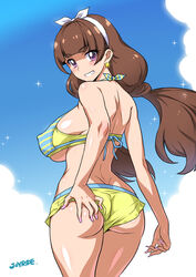 1girls amanogawa_kirara ass ass_grab bikini brown_hair earrings female go!_princess_precure hairband joy_ride large_breasts long_hair precure pretty_cure purple_eyes shorts smile solo standing swimsuit