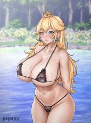 1girls arms_behind_back big_boobs big_breasts bikini bikini_only blonde_hair blue_eyes boobs breasts busty child_bearing_hips crown earrings female female_only female_solo large_breasts legs long_hair mario_(series) navel pose posing princess_peach solo solo_female thighs toned