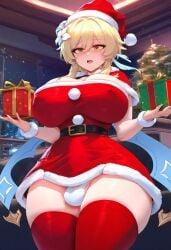 1futa ai_generated bangs belt blonde_hair blush box breasts bulge_through_clothing christmas christmas_tree curvy dress erection_under_clothes eyebrows_visible_through_hair female fur_trim futa_only futanari genshin_impact gift gift_box hair_ornament hat holding holding_gift huge_breasts intersex light-skinned_futanari looking_at_viewer lumine_(genshin_impact) open_mouth panties penis racerai red_dress red_legwear santa_costume santa_hat short_dress skindentation solo strapless strapless_dress thick_thighs thighhighs thighs underwear white_panties yellow_eyes