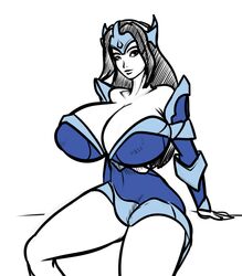 1girls blue_eyes blue_eyeshadow breasts brown_hair cleavage covered_nipples crown dota_2 erect_nipples eyeshadow female huge_breasts lewdreaper light_skin mirana navel solo valve