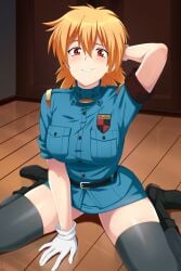 1girls badge belt blonde_female blonde_hair blue_uniform boots female floor fully_clothed gloves hand_on_floor hellsing kneeling lindaroze looking_at_viewer one one_hand_behind_head raised_eyebrow red_eyes seras_victoria smiling_at_viewer solo stockings tagme thighs uniform vampire vampire_girl wall zettai_ryouiki