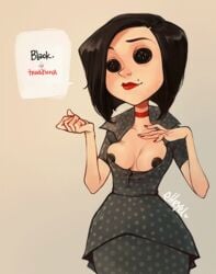 1girls animated black_hair breasts breasts_peeking_out_of_shirt button_eyes button_nipples buttons coraline ehryel female lipstick milf other_mother short_hair solo speech_bubble standing