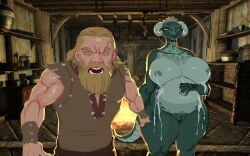 anthro argonian ass bethesda_game_studios big_breasts big_butt bodily_fluids breasts duo female hand_holding hi_res human humanoid interspecies interspecies_pregnancy lactating male male/female mammal microsoft pregnant scalie skyrim smolevn tail the_elder_scrolls