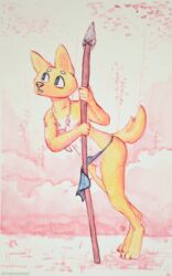 1boy 2019 accidental_exposure anthro candid canid canine canis clothed clothing domestic_dog flaccid forest fur holding_object holding_weapon large_penis loincloth loincloth_lift male male_only mammal melee_weapon mothandpodiatrist open_mouth orange_fur outside painting_(artwork) penis penis_out penis_under_loincloth pink_background polearm simple_background solo spear standing traditional_media_(artwork) tree tribal unaware wardrobe_malfunction watercolor_(artwork) weapon