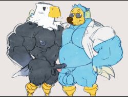 animal_crossing anthro apollo_(animal_crossing) avian balls bara bird blush boner dodo eagle erection furry gay male male_only muscles muscular nintendo nude open_shirt overweight pantsless penis shirt tora_gy wilbur_(animal_crossing)