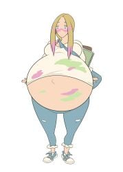 blonde_hair blonde_hair_female female hyper_pregnancy looking_at_viewer looking_down looking_down_at_self mina_(pokemon) pokegirl pokemon pokemon_sm pregnant pregnant_belly pregnant_female trial_captain