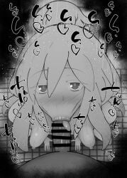 1boy 1girls :>= bare_shoulders big_penis black_and_white blush censored dark-skinned_male dark_skin detailed_background deux_murasame drooling erect_nipples eyelashes fellatio female female_focus gundam gundam_gquuuuuux heart human indoor inside interracial kurotama long_hair looking_at_viewer male male_pov nipple_bulge oral oral_sex penis room saliva shiny shiny_skin sketch small_breasts sound_effects squatting sweat sweater text tied_hair tongue_out vein veins veiny veiny_penis