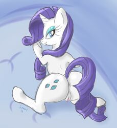 anus ass blue_background blue_eyes blue_hair clitoris cutie_mark equine female friendship_is_magic hair half-closed_eyes horn horse looking_back mammal my_little_pony pony pussy rarity_(mlp) simple_background slaveofneworder smile solo straight_hair uncensored white_skin