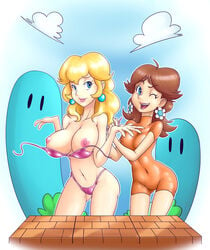 2girls absurdres alternate_breast_size alternate_costume ass_visible_through_thighs assisted_exposure bare_arms bare_thighs big_breasts bikini blonde_hair blue_earrings blue_eyes breasts breasts_out brick_wall brown_hair detailed_background earrings erect_nipples exposed exposed_breasts female female_only functionally_nude gradient_background jewelry large_breasts lips lipstick long_hair looking_at_viewer mario_(series) multiple_girls nauth nauth_le_roy navel nintendo nipples one-piece_swimsuit open_mouth outdoors pink_bikini pink_hair pink_nipples princess_daisy princess_peach public_nudity shrug skintight smile standing super_mario_bros. swimsuit topless wink