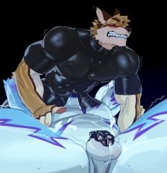 abs blue_body blue_fur blush bodily_fluids bodysuit bulge bulge_in_face bulge_sniffing canid canine chastity_device clenched_teeth clothing dripping drooling duo facial_hair felid feline fur genital_fluids goatee hi_res latex latex_bodysuit latex_clothing latex_skinsuit lifewonders live_a_hero lying maiyabuhantang male male/male mammal muscular muscular_male on_back pecs precum precum_drip purple_body purple_fur sadayoshi saliva shaking skinsuit sniffing spread_legs spreading teeth tight_clothing trembling white_body white_fur