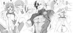 blush boothill_(honkai:_star_rail) censored_penis chinese_text closed_eyes covered_eyes cum_in_pussy cyborg dialogue girly_boy half-dressed honkai:_star_rail kissing kissing long_hair monochrome movement_lines penetration sex sexy stelle_(honkai:_star_rail) tank_top tears thigh_strap