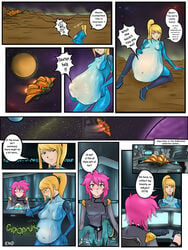 2girls abdominal_bulge ass belly_bulge bodysuit bulge clothes clothing comic digestion female kimberly metroid multiple_girls nintendo samus_aran skin_tight space_ace stomach_bulge tight_clothes voraciousmoga vore zero_suit