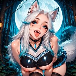 1female 1girls ai_generated alternative_fashion blue_eyes breasts cheerleader exposed_breasts fangs female furry hips leaning_forward lifting_shirt makeup medium_breasts moon nymeria_(stblfantasy) ombre_hair original patreon perfect_body stable_diffusion stblfantasy sweat thighs tongue_out white_hair wolf_ears wolf_girl wolf_tail