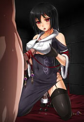 anal_beads black_hair black_legwear breasts collar dildo dress female gloves highres kneeling long_dress long_hair long_skirt male midnight_(artist) open_mouth original paizuri red_eyes skirt solo_focus straight thighhighs underboob witch