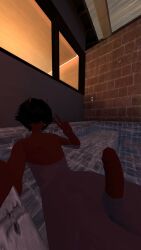 black_hair brat cock demon demon_boy demon_horns dick erect_penis erection hot_spring incubus onsen partially_submerged peace_sign penis red_skin self_upload solo solo_focus vrcfemboy vrchat vrchat_avatar