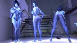 3d animated artificial_intelligence ass ass_shake bent_over blue_hair blue_skin bouncing_breasts cortana cortana_v2 dat_ass female female_focus female_only halo_(series) halo_4 hologram indoors microsoft noname55 short_hair source_filmmaker stairs standing