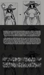 1girls 2girls ai_generated big_breasts black_and_white black_hair breasts cloak clothing crotch_tattoo female female_only hat long_hair looking_at_viewer mr_none nipples public_tattoo solo_female staff tattoo text trembling witch_hat