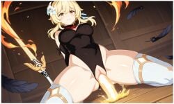 ai_generated angry_face blonde_hair large_breasts lumine_(genshin_impact) penetration stockings sword tagme thick_thighs vagina vaginal_penetration