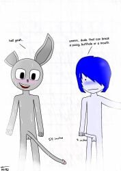 2022 2boys absurdly_large_penis bathroom blue_hair cartoony circle_head circular_head cursed_penis dialogue erect_penis gray_fur light_blue_skin long_hair long_haired_male looking_down male male_only multiple_boys neutral_expression old_art old_artwork original_character penis self_upload unknown_species very_long_penis white_background