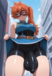 1girls ai_generated balls big_balls big_breasts big_penis breasts female futanari hero_outfit_(mha) intersex itsuka_kendou my_hero_academia orange_hair penis starskyai