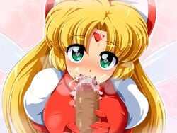 blonde_hair blush censored clothing cum cum_in_mouth female forehead_mark gloves green_eyes heart-shaped_pupils konpeto load_ran long_hair looking_at_viewer oral_sex penis ribbon steam twinkle_star_sprites unseen_male_face