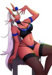 akumi arm_garter arm_strap armband armlet black_legwear black_panties bra breasts choker cleavage earrings female fingernails flower grin hair_between_eyes hair_ornament horns jewelry large_breasts lingerie long_hair looking_at_viewer navel oni_horns panties pointy_ears red_skin sharp_teeth simple_background sitting smile solo stomach tattoo teeth thighhighs underwear very_long_hair vyugen white_background white_hair yellow_eyes