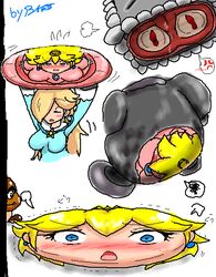 2girls anger_vein blonde_hair blush cameltoe closed_eyes comic disc_flattened earrings embarrassed face_flattened female flattened goomba hasunalu human mario_(series) multiple_girls nintendo open_mouth princess_peach princess_rosalina simple_background speech_bubble super_mario_3d_world thwomp white_background