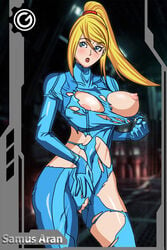 blonde_hair blue_eyes blush breasts female gonzaleth metroid nintendo nipples ripped samus_aran solo text torn_bodysuit torn_clothes zero_suit zero_suit_samus