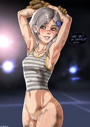 armpits arms_up bottomless breasts brown_hair clitoris dirt female hair_ornament hairclip metal_gear metal_gear_rising metal_gear_solid no_panties pubic_hair pussy shadman silver_hair smile solo standing sunny_gurlukovich tank_top tanline