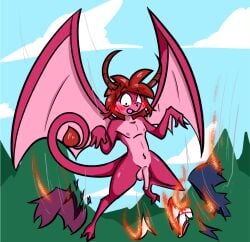 anthro balls birbpan blush burning_clothes clothing clothing_burst destroyed_clothing dragon dragon_wings embarrassed flying genitals hair hi_res horn humanoid_genitalia humanoid_penis hybrid in_the_air male mythological_creature mythological_scalie mythology nipples nude nude_anthro nude_fight nude_male outside pan_(birbpan) penis red_body red_hair red_skin scalie solo sudden_nudity torn_clothing wardrobe_malfunction wings