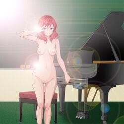blush board_eraser breasts chair chalk chalkboard commentary_request completely_nude female instrument looking_at_viewer love_live! love_live!_school_idol_project maruze_circus navel nipples nishikino_maki nude piano purple_eyes pussy red_hair short_hair shy solo standing