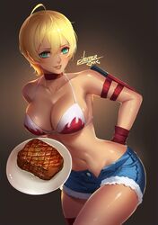 aqua_eyes bikini_top blonde_hair citemer cleavage female food meat navel short_hair shorts solo standing steak very_short_hair