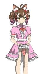 blush brown_hair cat_ears clothed d4dj dress dyed_hair futanari intersex lifting_skirt no_panties ohnaruto_muni penis red_penis small_breasts vivi_(vuivui) yellow_eyes