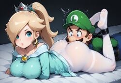 1boy 1girls ai_generated angry angry_face annoyed annoyed_expression arms_crossed arms_tied ass bed bedroom blonde_hair blue_dress blue_eyes blue_overalls bobsmg41 clothing crown dress duo ear_piercing facial_hair feet feet_up female green_hat green_shirt hat head_on_ass indoors light-skinned_female light-skinned_male light_skin long_hair looking_back luigi lying_on_stomach male male/female mario_(series) mature mature_female mature_male moustache nintendo pantyhose ponytail princess princess_rosalina royalty shirt straight tied_up voluptuous voluptuous_female white_pantyhose