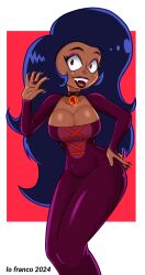 big_breasts breasts brown_skin cartoon_network choker cleavage dark_blue_hair female female_only gemstone goth_girl hand_on_hip lo_franco long_dress long_hair long_sleeves ok_k.o.!_let's_be_heroes red_background red_dress two_tone_background vampire vampire_girl white_background wilhamena
